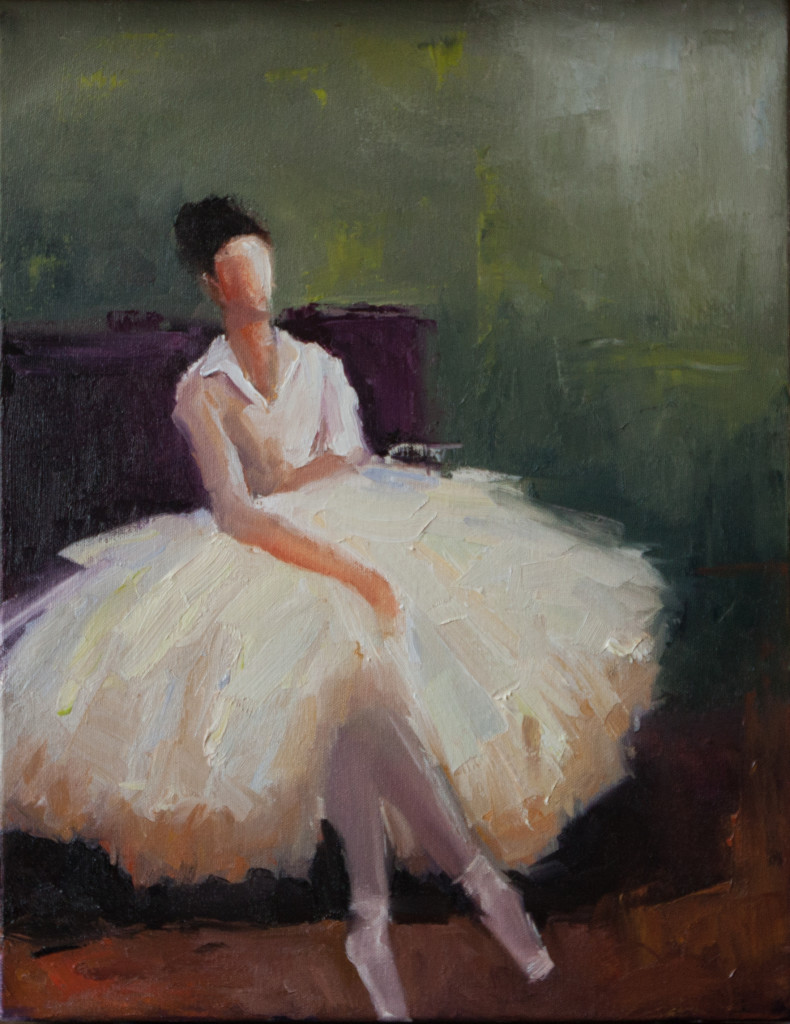 abstract figurative, dancer, white dress, ballet, sitting, watching, oil painting, contemporary art