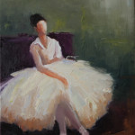 abstract figurative, dancer, white dress, ballet, sitting, watching, oil painting, contemporary art
